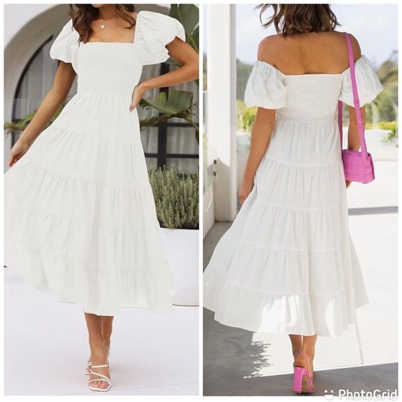 Zesica Square Neck Short Puff Sleeve Smocked Flowy A-line Tiered Midi Dress - Picture 1 of 13
